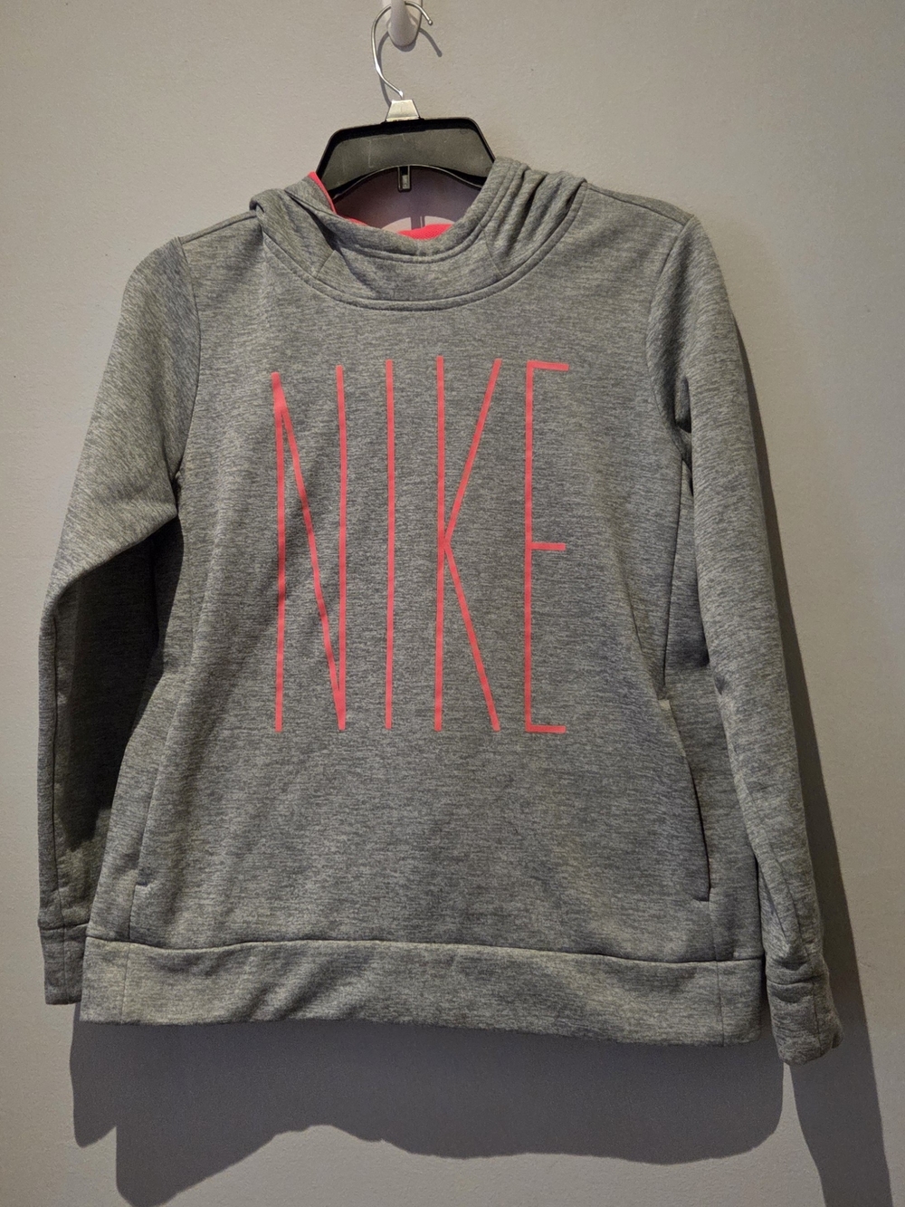 ​Nike Dri-Fit Girls XL Heather Gray Pink Neon Logo Pullover Athletic Hoodie EUC